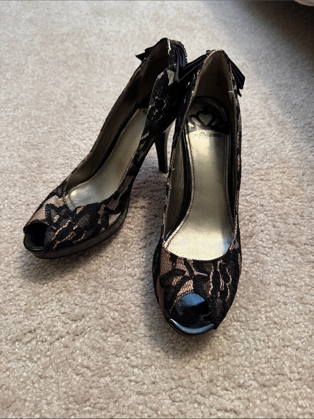 Lace Peep-Toe Stiletto Heels in Black and Nude